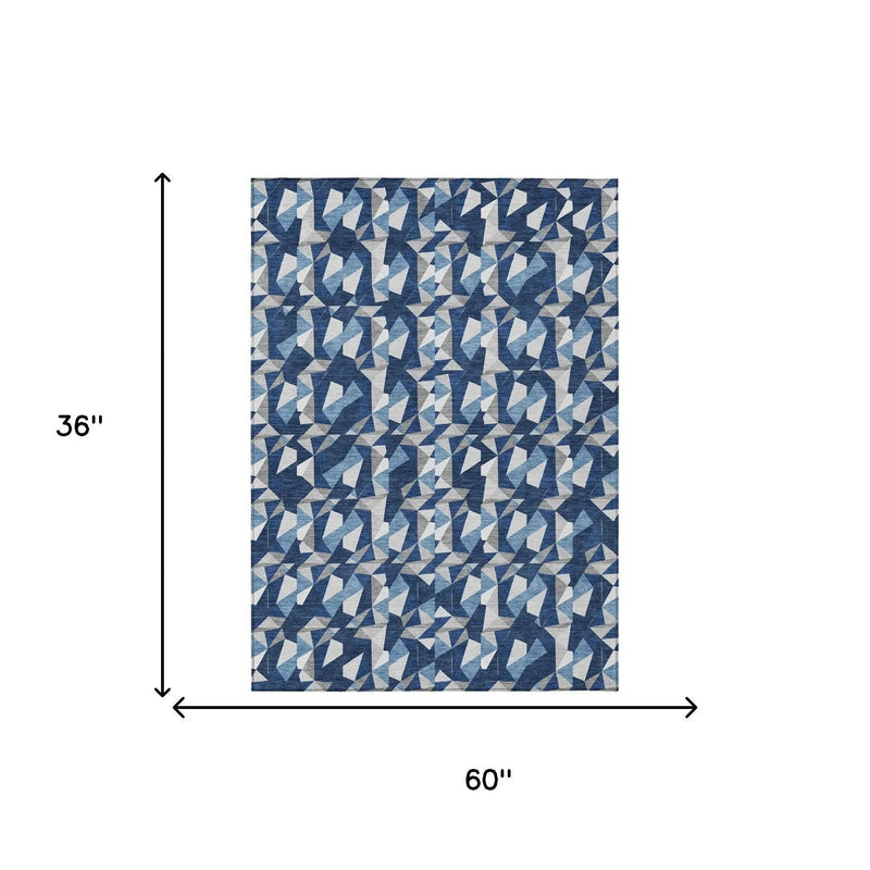 3' X 5' Navy Blue And Blue Geometric Washable Indoor Outdoor Area Rug Homeroots Outdoor