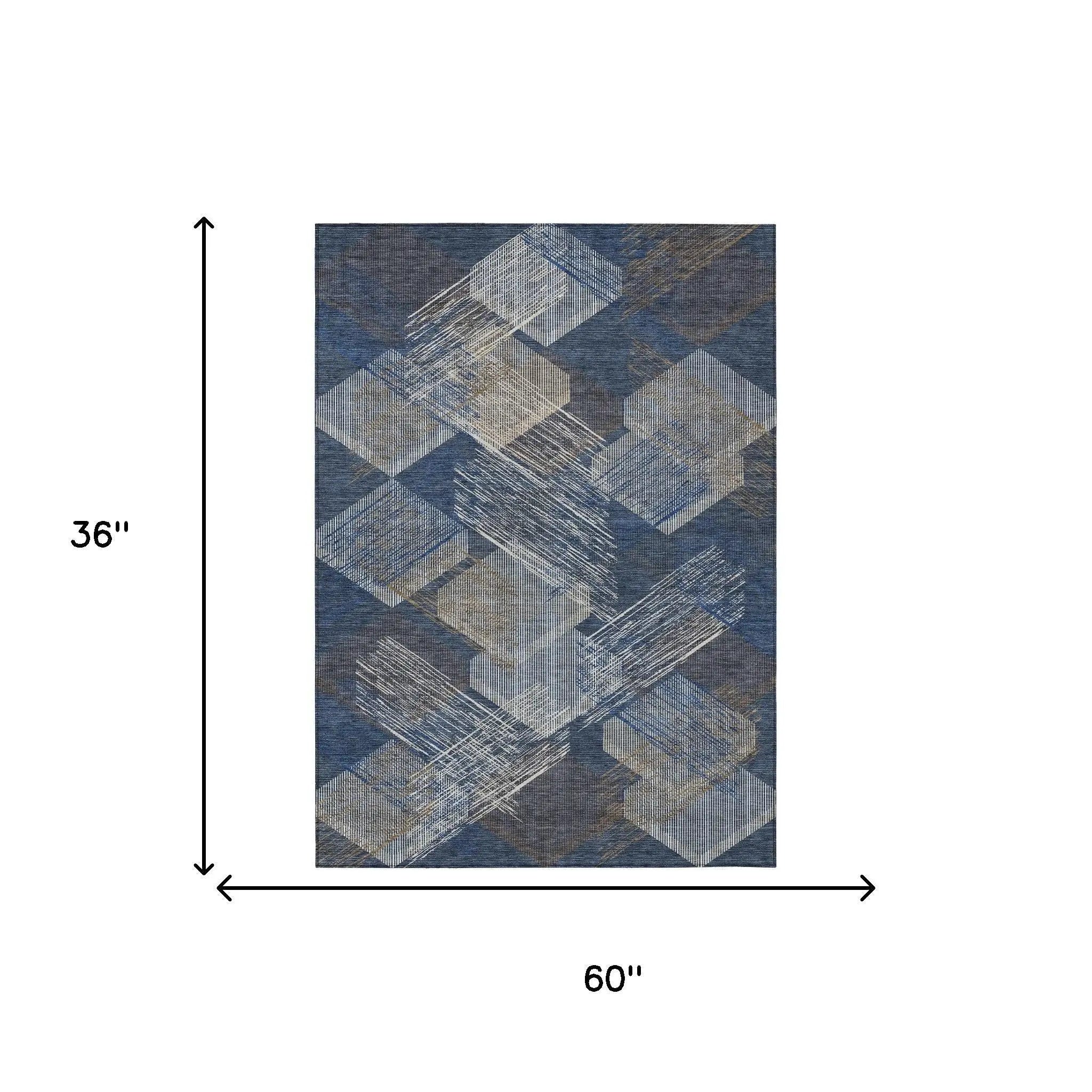 3' X 5' Navy Blue And Blue Geometric Washable Indoor Outdoor Area Rug Homeroots Outdoor