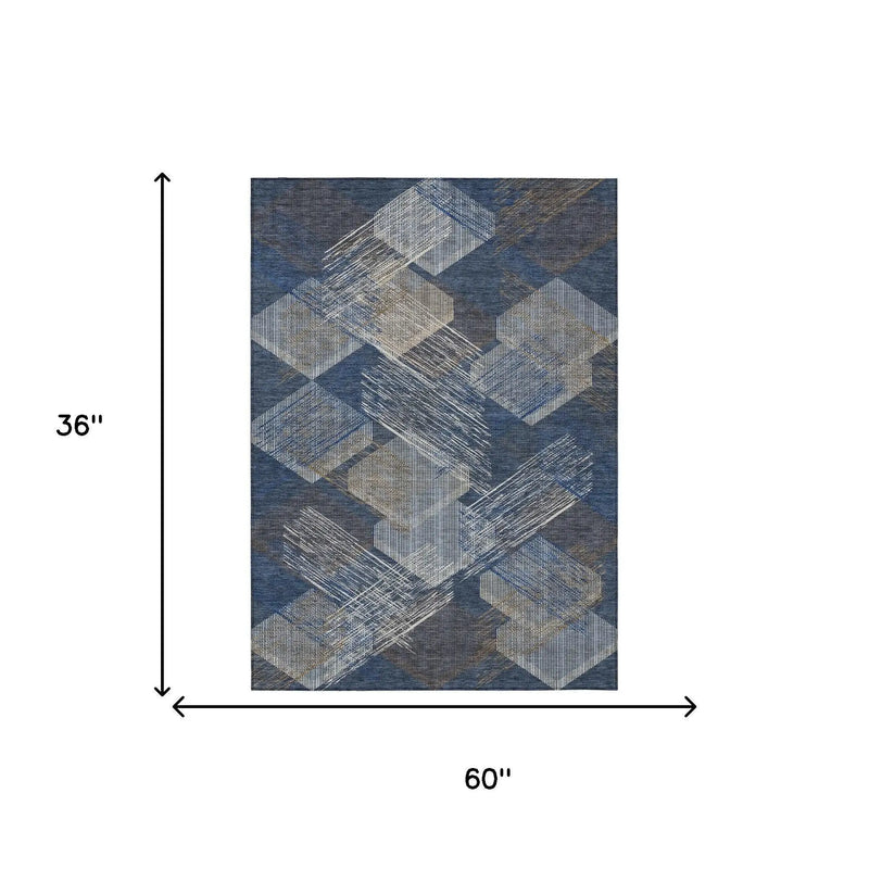 3' X 5' Navy Blue And Blue Geometric Washable Indoor Outdoor Area Rug Homeroots Outdoor