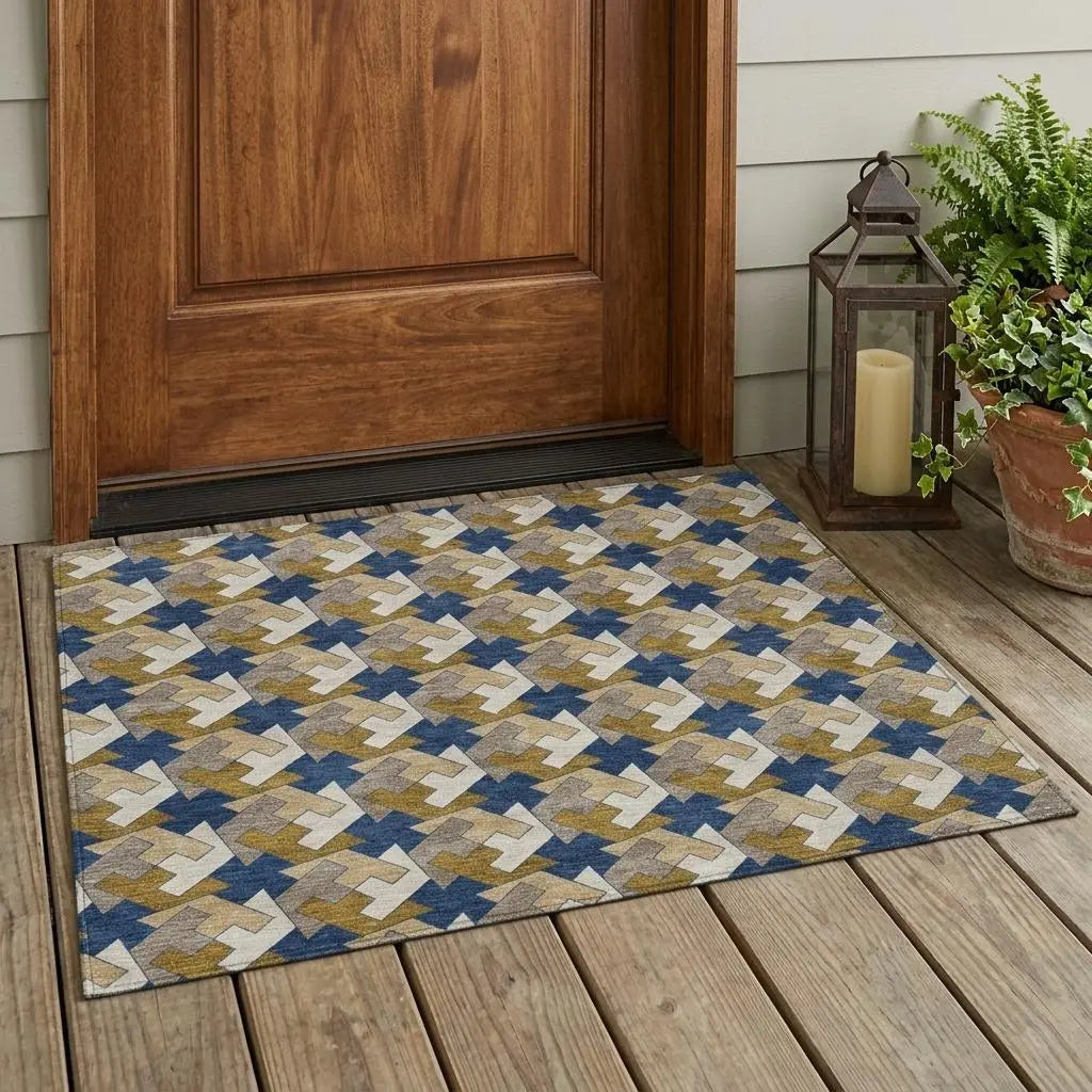 3' X 5' Navy Blue And Blue Geometric Washable Indoor Outdoor Area Rug Homeroots Outdoor