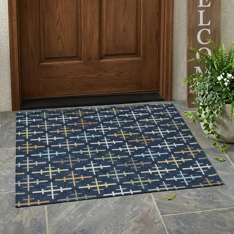 3' X 5' Navy Blue And Blue Geometric Washable Indoor Outdoor Area Rug Homeroots Outdoor