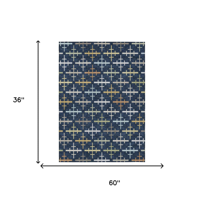 3' X 5' Navy Blue And Blue Geometric Washable Indoor Outdoor Area Rug Homeroots Outdoor