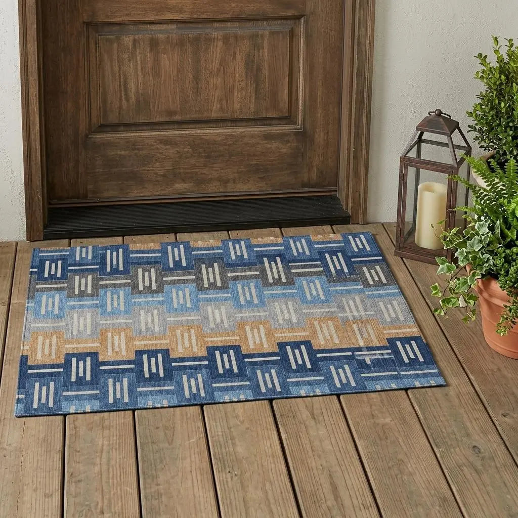 3' X 5' Navy Blue And Blue Geometric Washable Indoor Outdoor Area Rug Homeroots Outdoor
