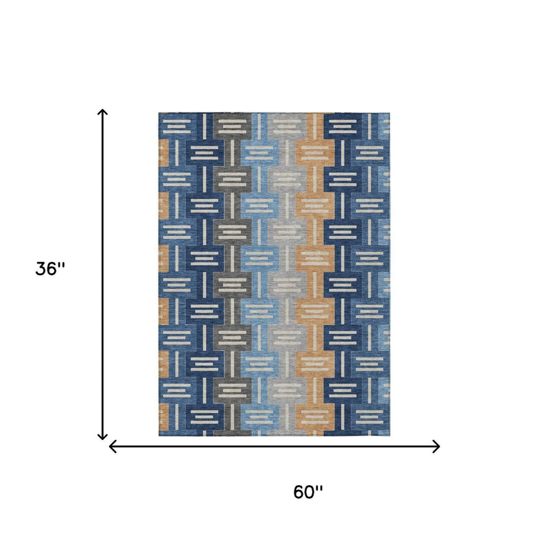 3' X 5' Navy Blue And Blue Geometric Washable Indoor Outdoor Area Rug Homeroots Outdoor