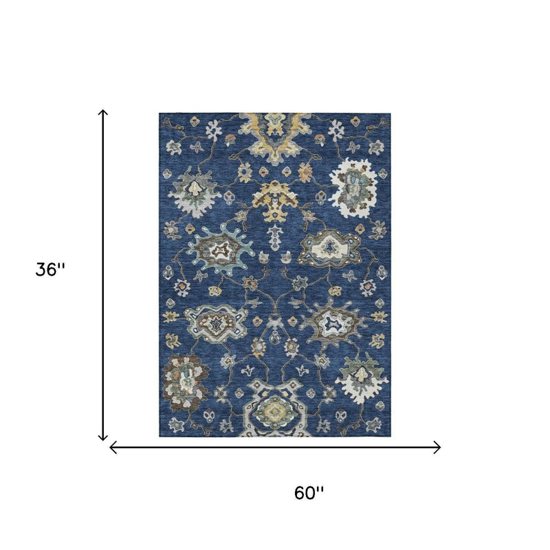 3' X 5' Navy Blue And Blue Oriental Washable Indoor Outdoor Area Rug Homeroots Outdoor