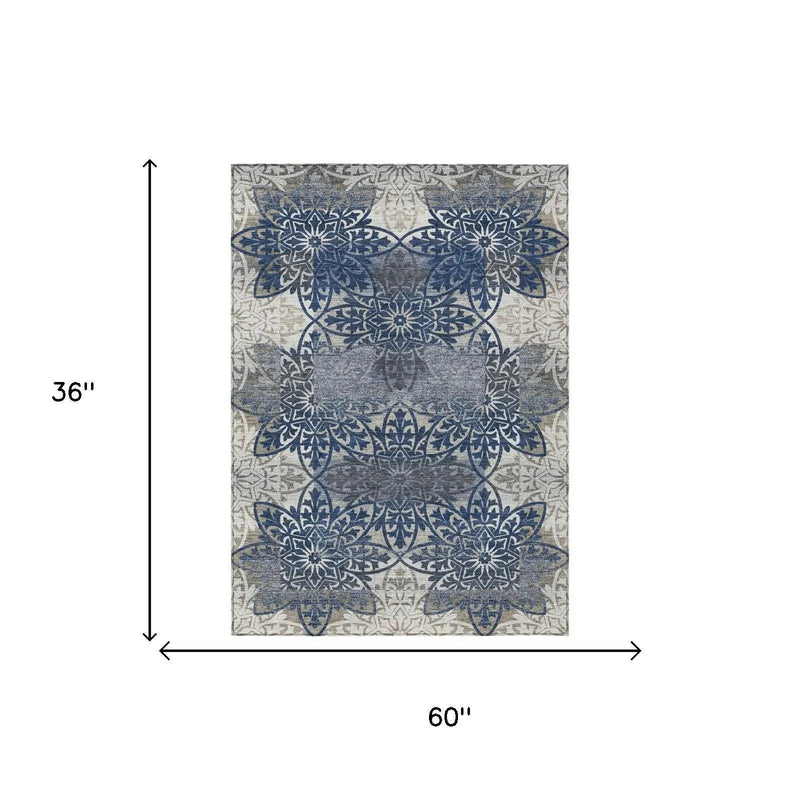 3' X 5' Navy Blue And Blue Oriental Washable Indoor Outdoor Area Rug Homeroots Outdoor