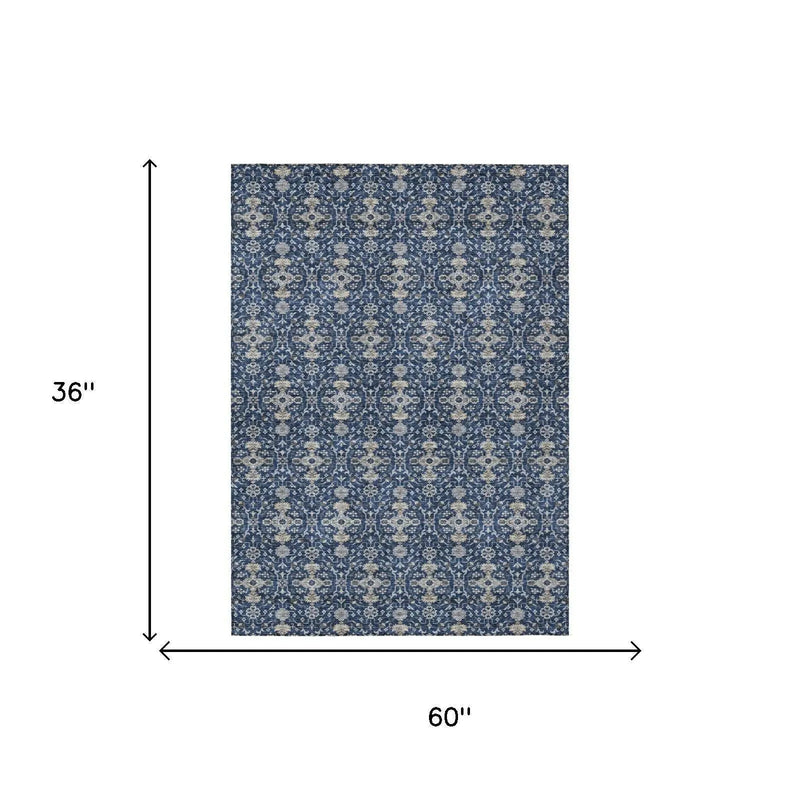3' X 5' Navy Blue And Blue Oriental Washable Indoor Outdoor Area Rug Homeroots Outdoor