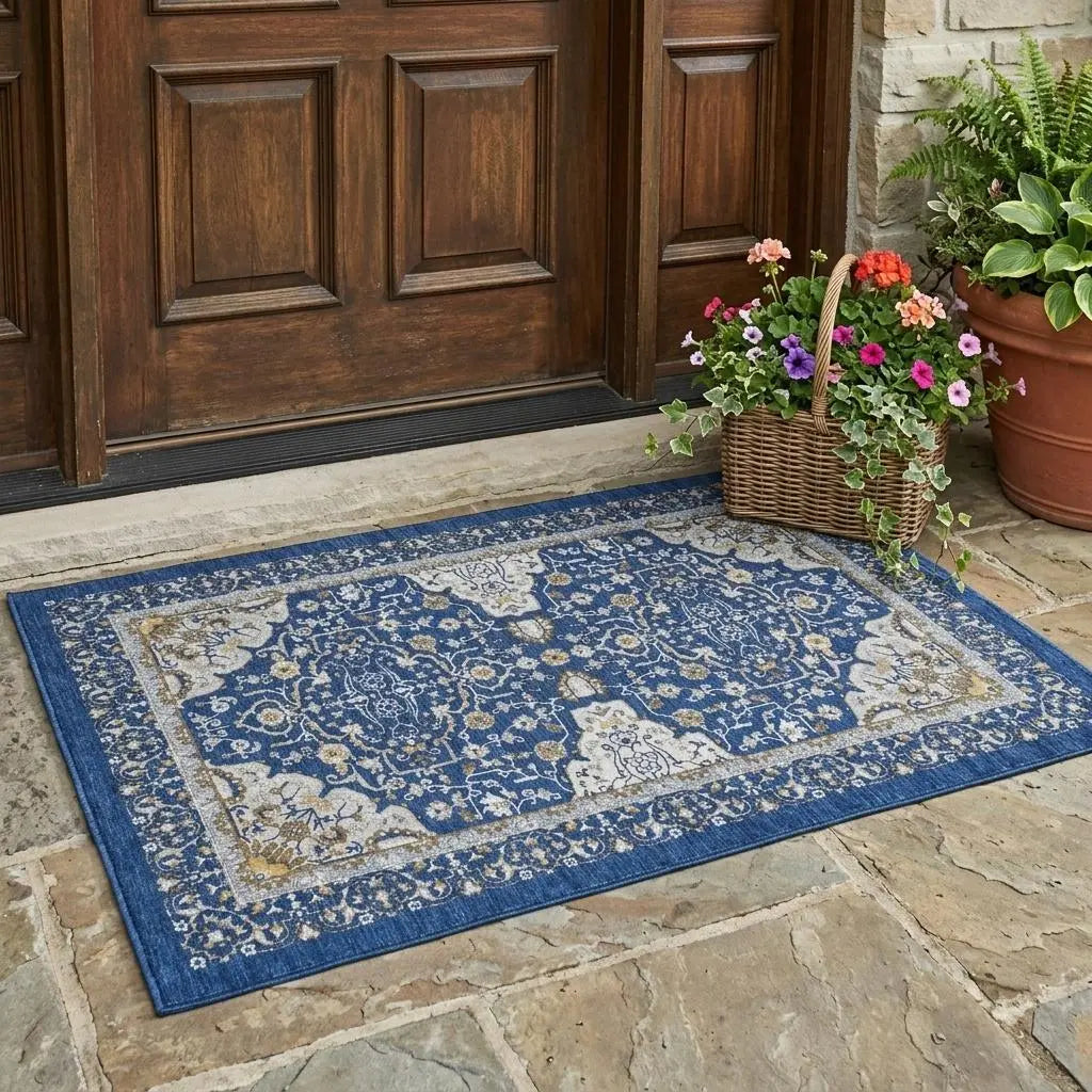 3' X 5' Navy Blue And Blue Oriental Washable Indoor Outdoor Area Rug Homeroots Outdoor