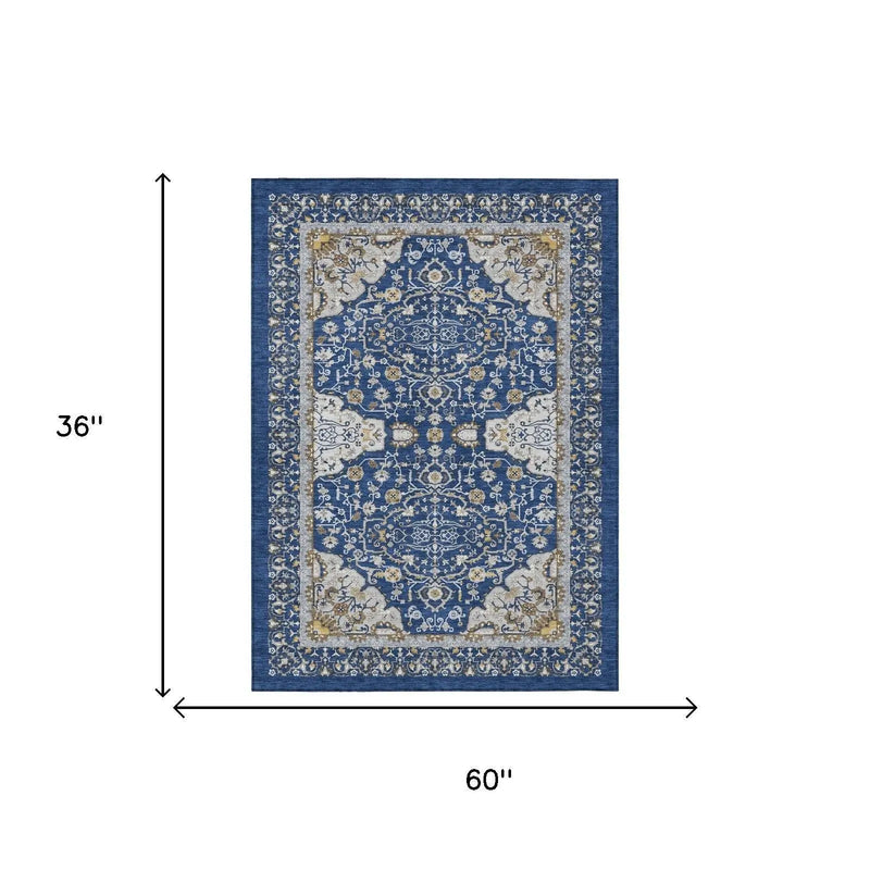 3' X 5' Navy Blue And Blue Oriental Washable Indoor Outdoor Area Rug Homeroots Outdoor