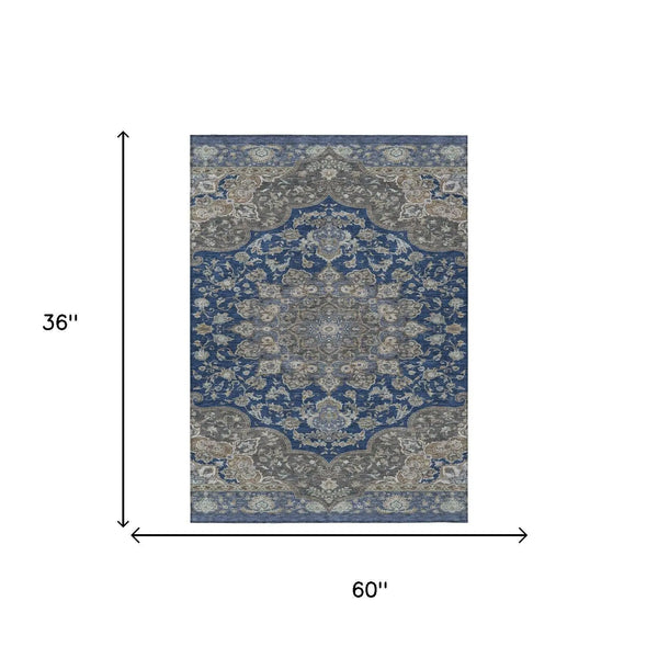 3' X 5' Navy Blue And Blue Oriental Washable Indoor Outdoor Area Rug Homeroots Outdoor