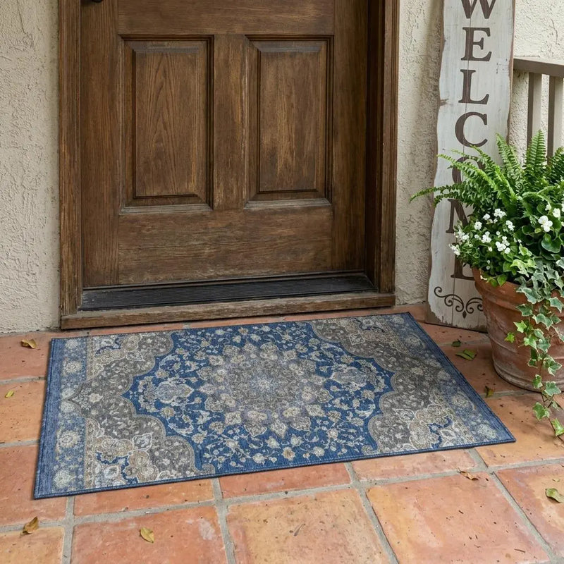 3' X 5' Navy Blue And Blue Oriental Washable Indoor Outdoor Area Rug Homeroots Outdoor