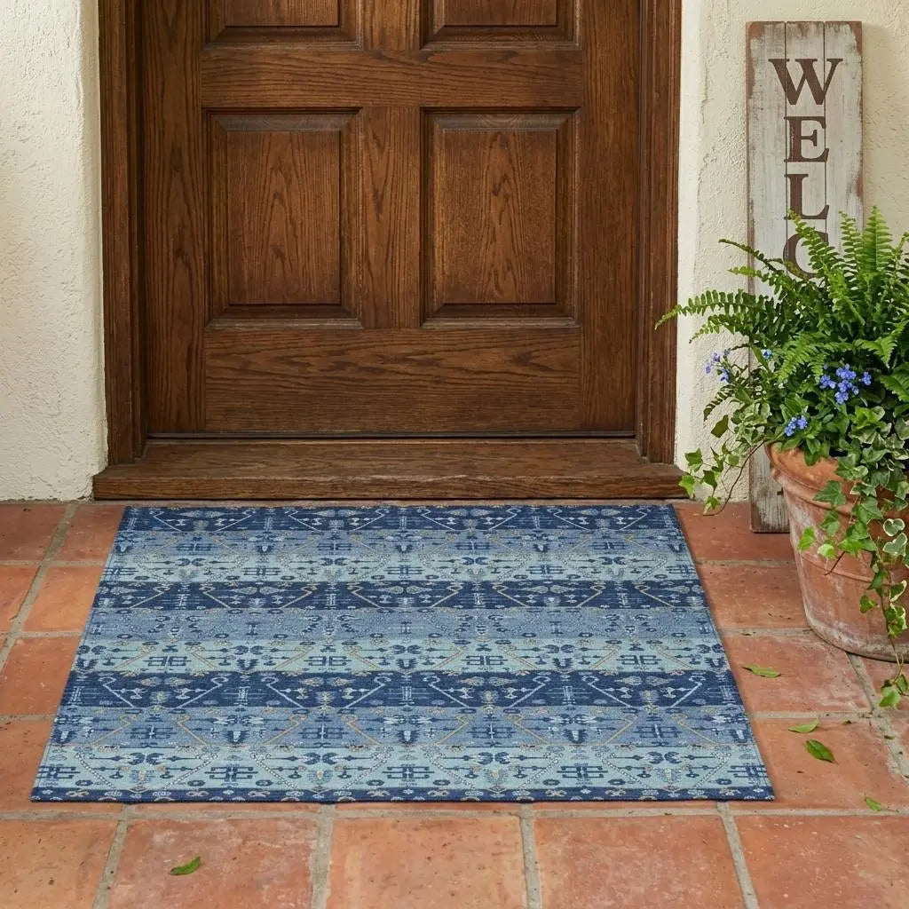3' X 5' Navy Blue And Blue Oriental Washable Indoor Outdoor Area Rug Homeroots Outdoor