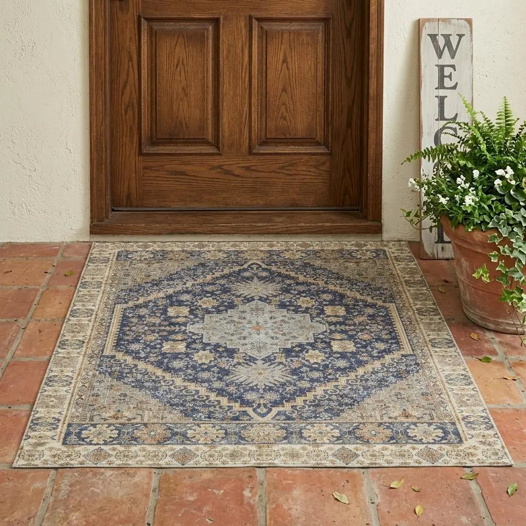 3' X 5' Navy Blue And Blue Oriental Washable Indoor Outdoor Area Rug Homeroots Outdoor