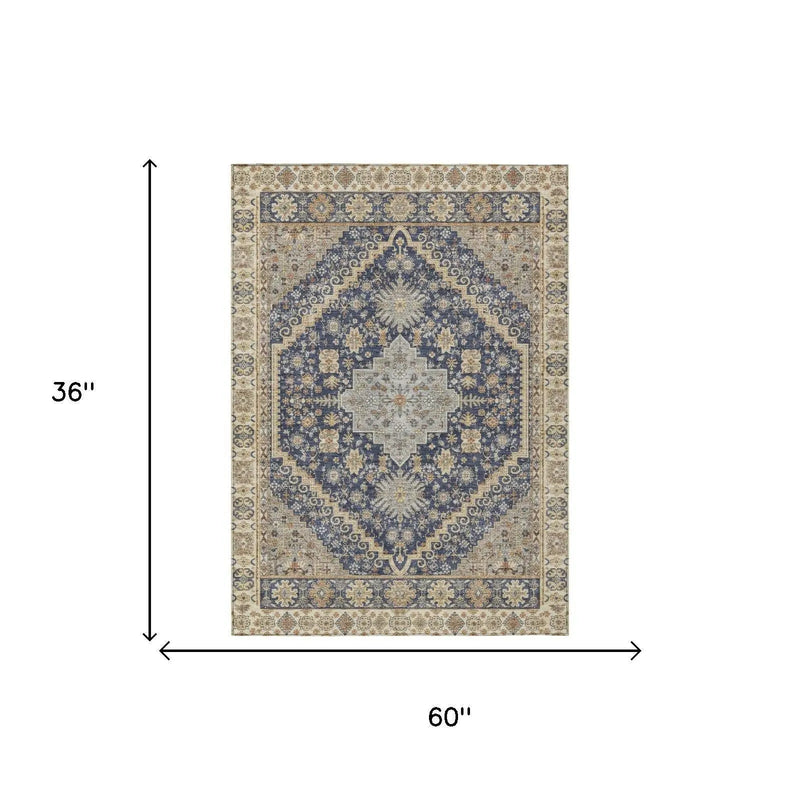 3' X 5' Navy Blue And Blue Oriental Washable Indoor Outdoor Area Rug Homeroots Outdoor