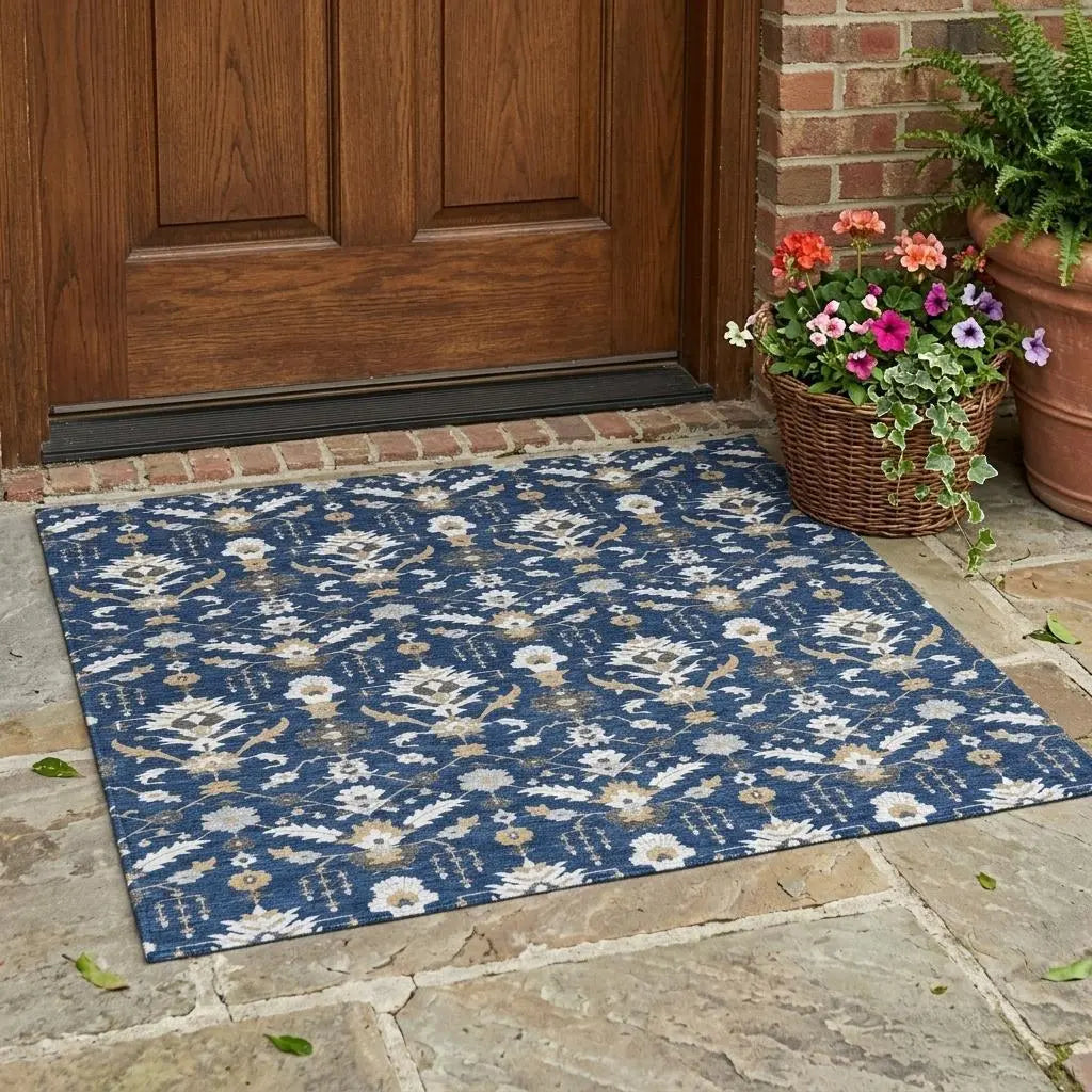 3' X 5' Navy Blue And Blue Oriental Washable Indoor Outdoor Area Rug Homeroots Outdoor