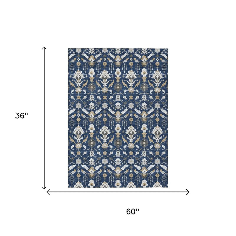 3' X 5' Navy Blue And Blue Oriental Washable Indoor Outdoor Area Rug Homeroots Outdoor
