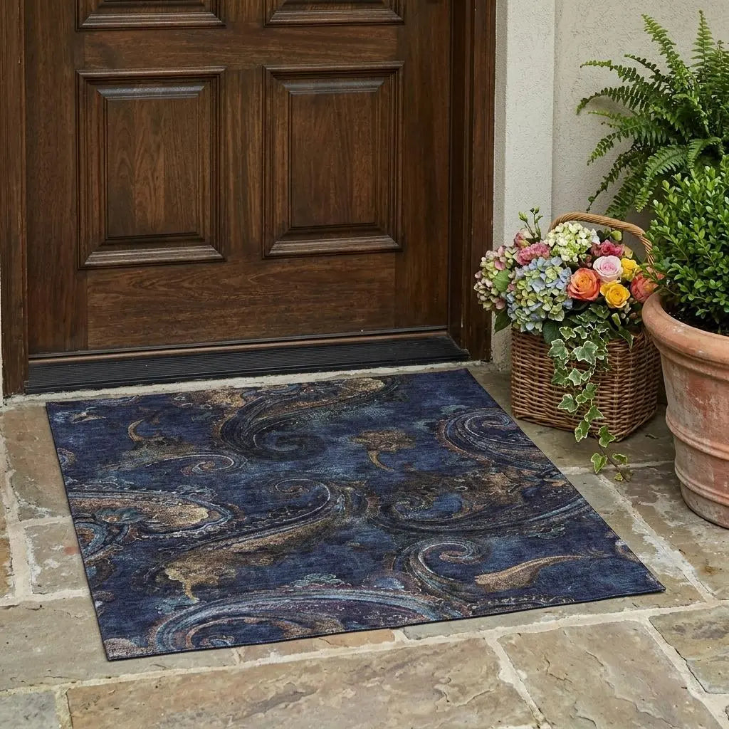 3' X 5' Navy Blue And Blue Paisley Washable Indoor Outdoor Area Rug Homeroots Outdoor