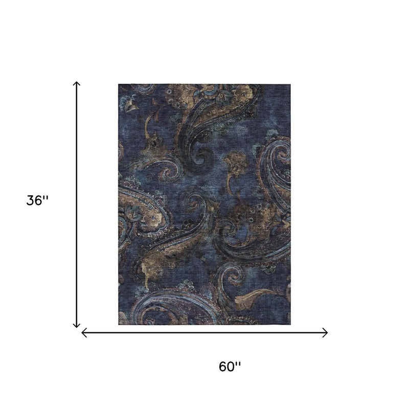 3' X 5' Navy Blue And Blue Paisley Washable Indoor Outdoor Area Rug Homeroots Outdoor