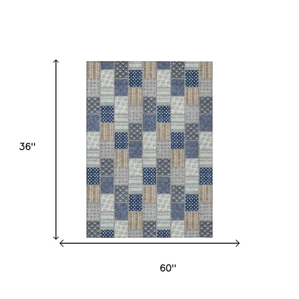 3' X 5' Navy Blue And Blue Patchwork Washable Indoor Outdoor Area Rug Homeroots Outdoor
