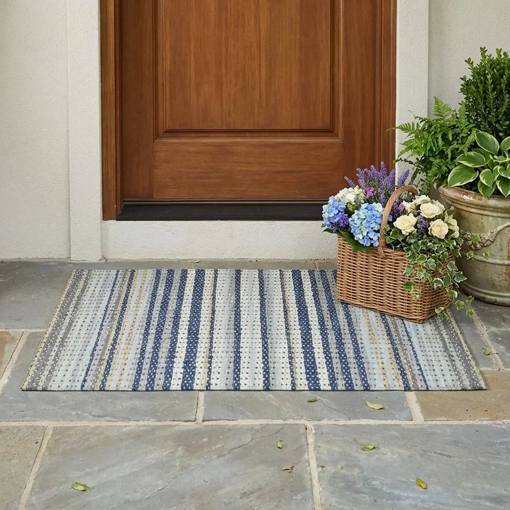 3' X 5' Navy Blue And Blue Striped Washable Indoor Outdoor Area Rug Homeroots Outdoor