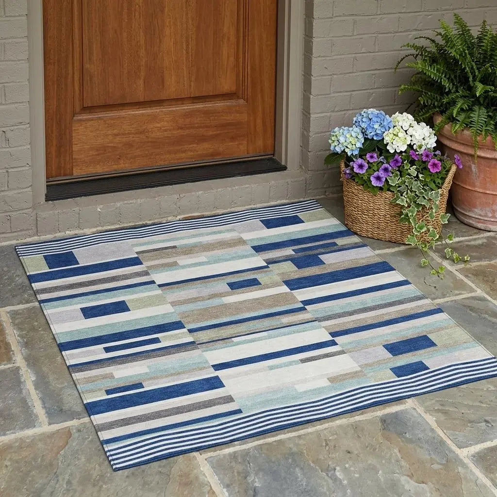 3' X 5' Navy Blue And Blue Striped Washable Indoor Outdoor Area Rug Homeroots Outdoor