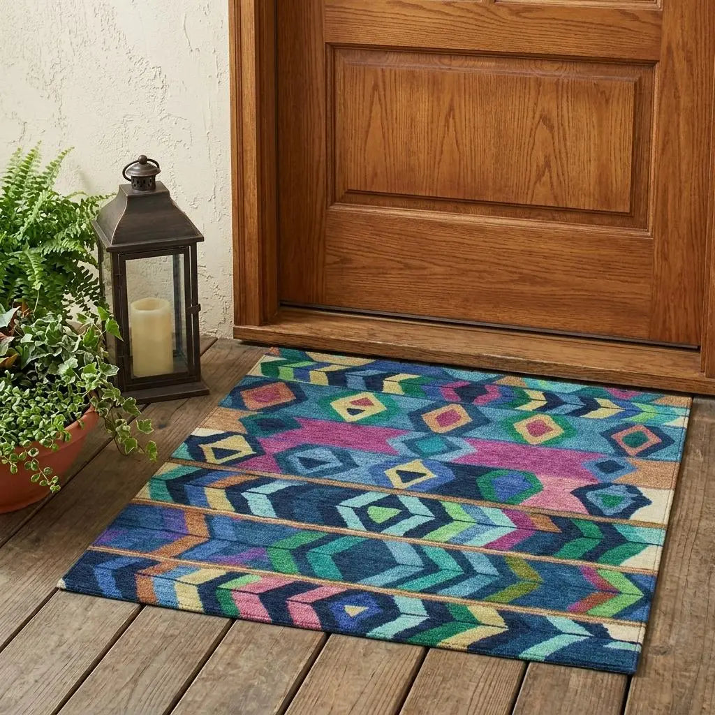 3' X 5' Navy Blue And Blue Tribal Washable Indoor Outdoor Area Rug Homeroots Outdoor
