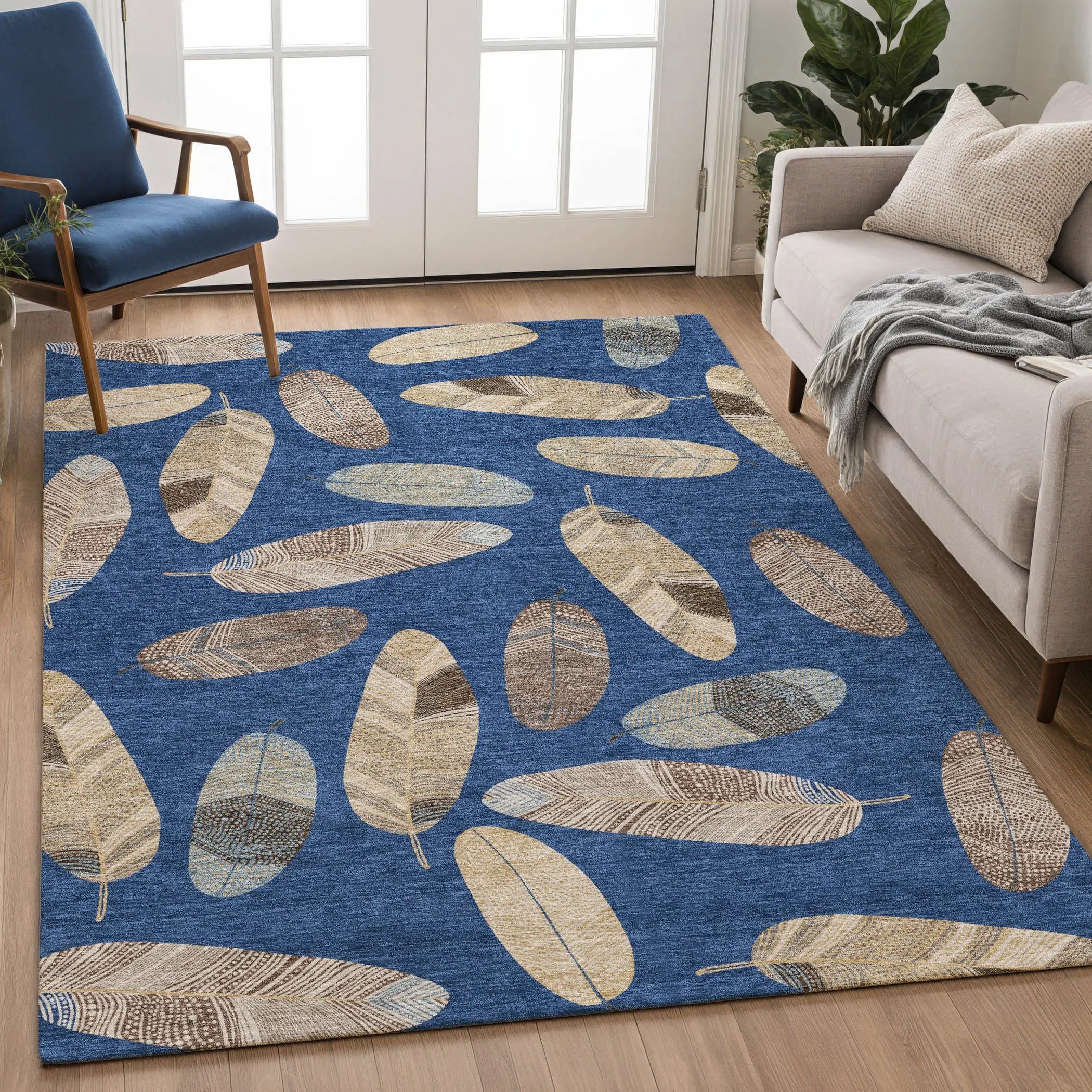 3' X 5' Navy Blue And Brown Botanical Leaves Washable Indoor Outdoor Area Rug Homeroots Outdoor