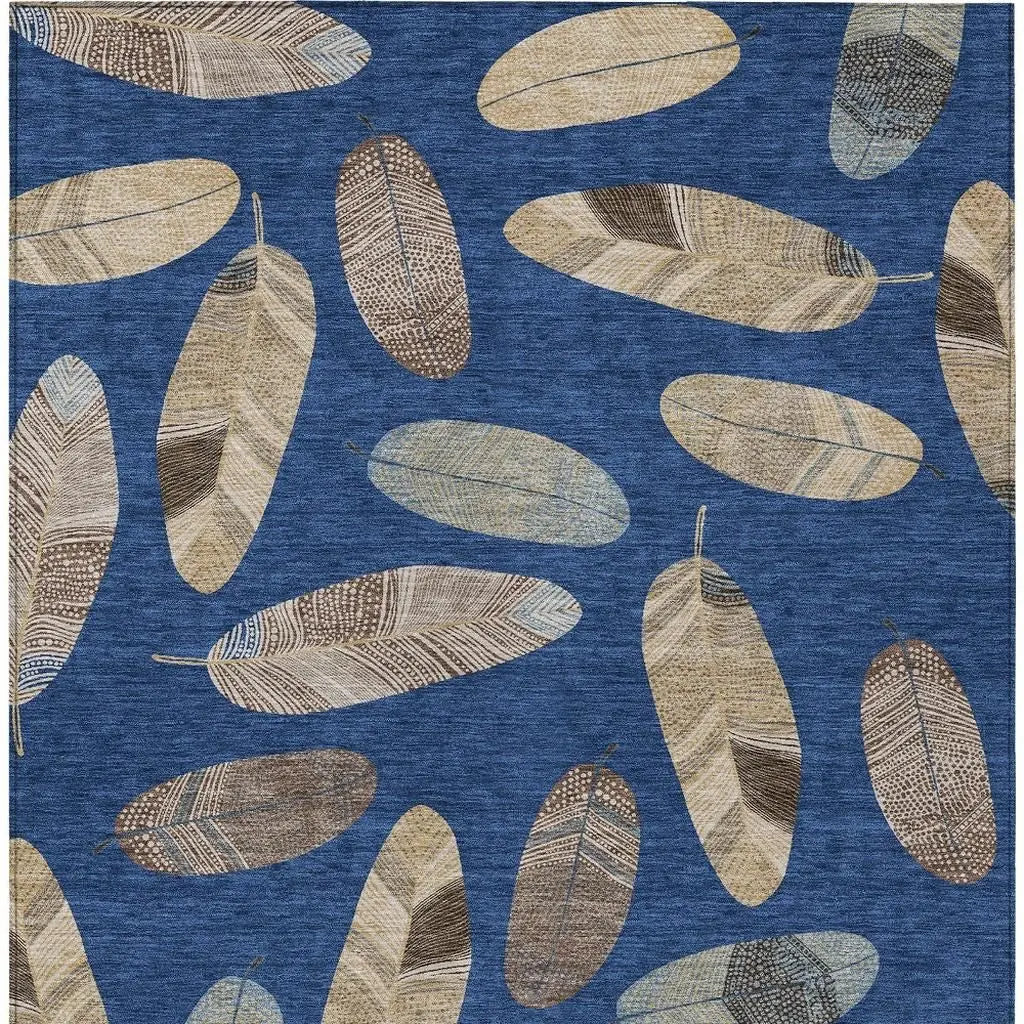 3' X 5' Navy Blue And Brown Botanical Leaves Washable Indoor Outdoor Area Rug Homeroots Outdoor