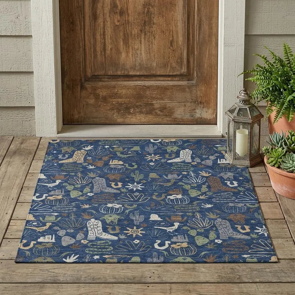 3' X 5' Navy Blue And Brown Cactus Washable Indoor Outdoor Area Rug Homeroots Outdoor