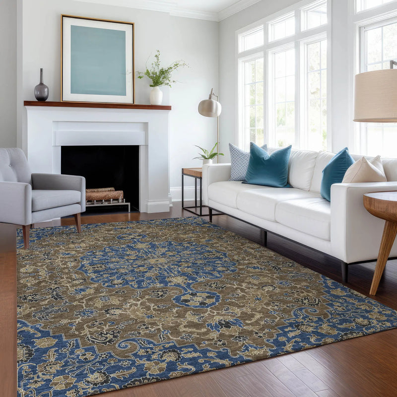3' X 5' Navy Blue And Brown Floral Medallion Washable Indoor Outdoor Area Rug Homeroots Outdoor