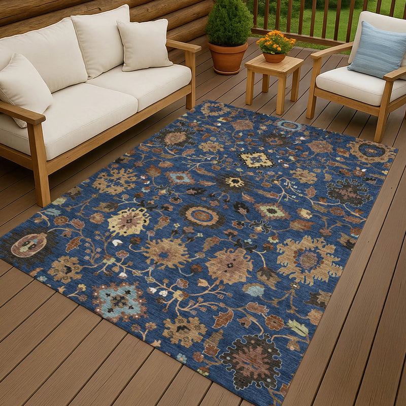 3' X 5' Navy Blue And Copper Floral Medallion Washable Indoor Outdoor Area Rug Homeroots Outdoor