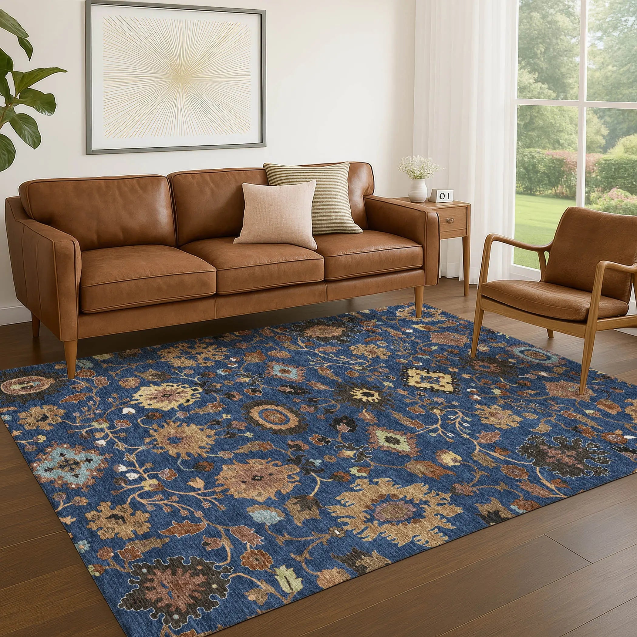 3' X 5' Navy Blue And Copper Floral Medallion Washable Indoor Outdoor Area Rug Homeroots Outdoor