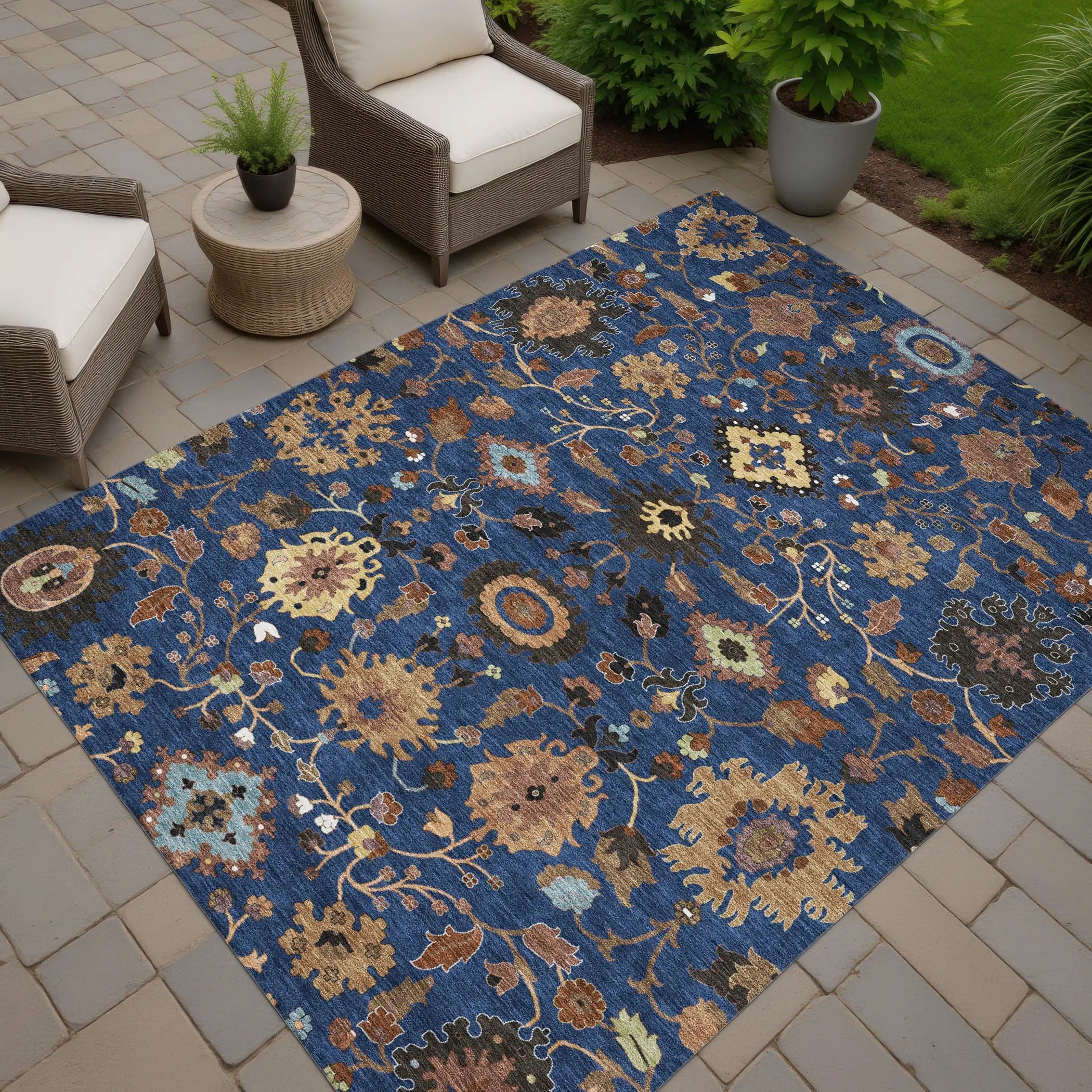 3' X 5' Navy Blue And Copper Floral Medallion Washable Indoor Outdoor Area Rug Homeroots Outdoor