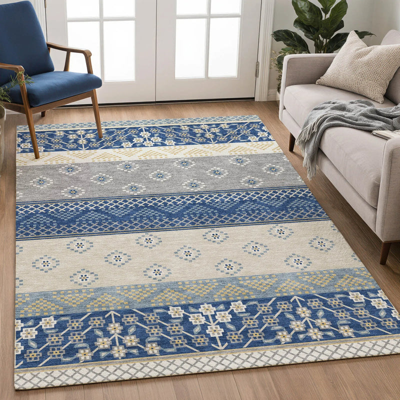 3' X 5' Navy Blue And Copper Striped Washable Indoor Outdoor Area Rug Homeroots Outdoor