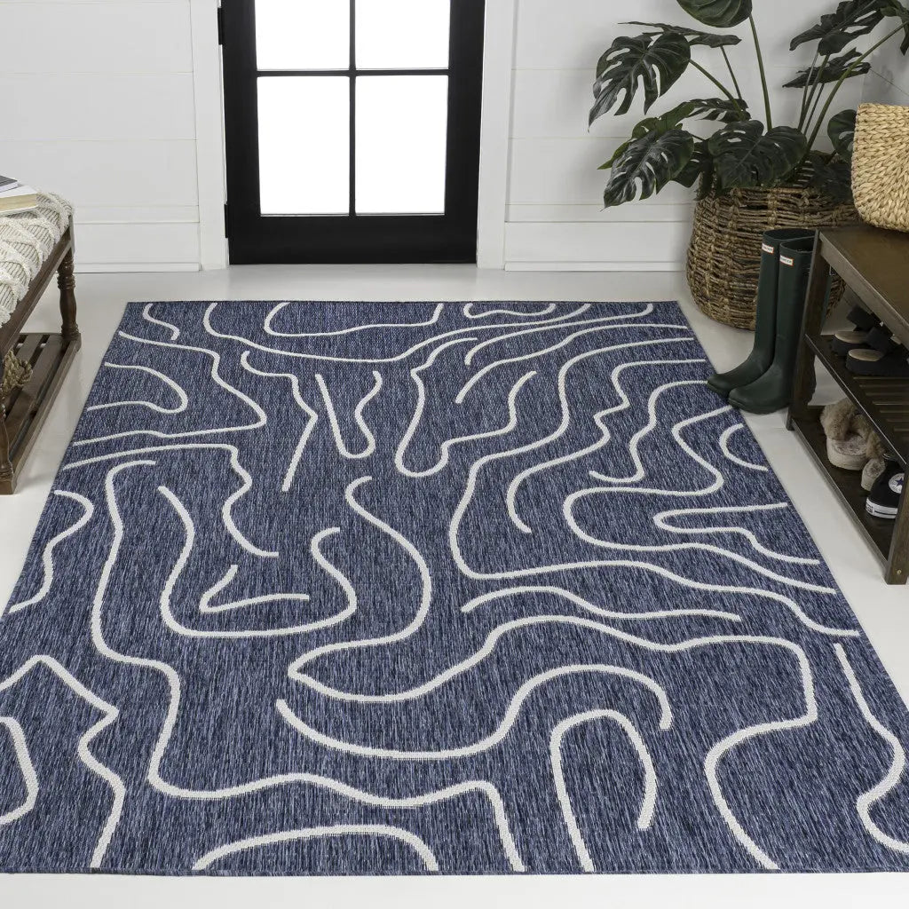 3' X 5' Navy Blue And Cream Abstract Indoor Outdoor Area Rug Homeroots Outdoor