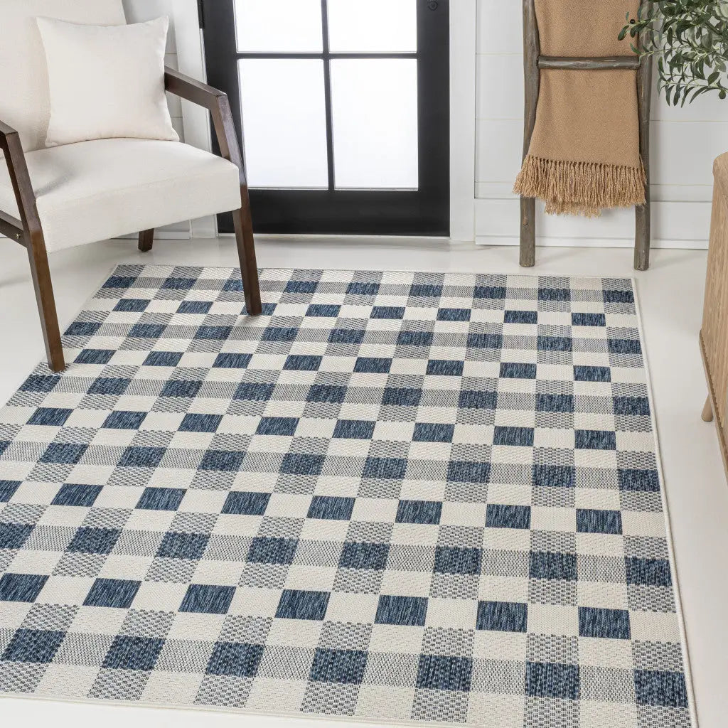 3' X 5' Navy Blue And Cream Geometric Indoor Outdoor Area Rug - GreatEagleInc