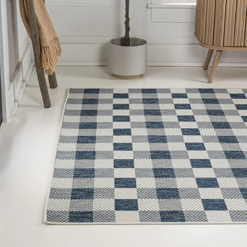 3' X 5' Navy Blue And Cream Geometric Indoor Outdoor Area Rug - GreatEagleInc