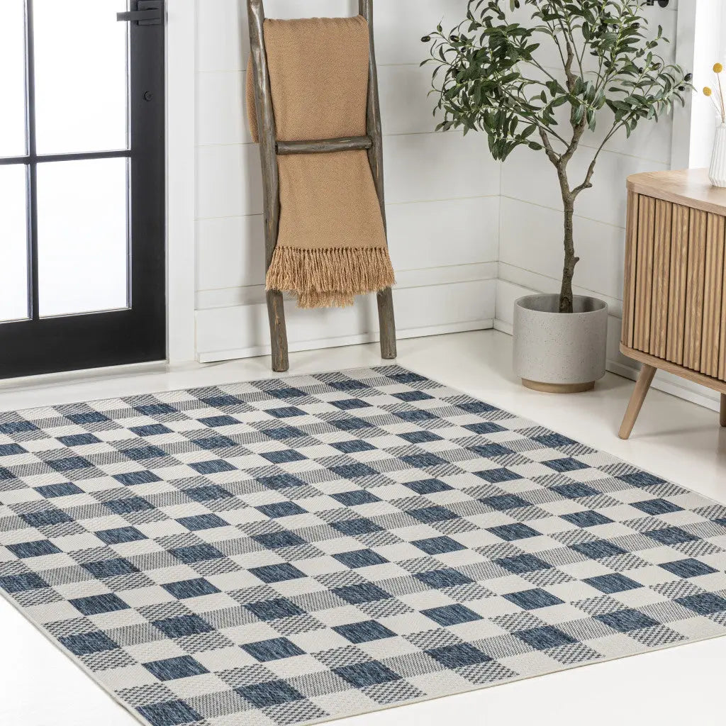 3' X 5' Navy Blue And Cream Geometric Indoor Outdoor Area Rug - GreatEagleInc