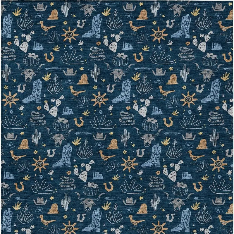 3' X 5' Navy Blue And Denim Blue Cactus Washable Indoor Outdoor Area Rug Homeroots Outdoor