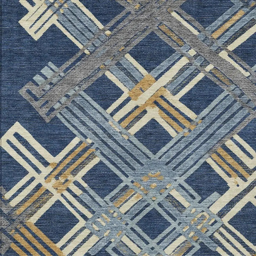 3' X 5' Navy Blue And Denim Blue Geometric Washable Indoor Outdoor Area Rug Homeroots Outdoor