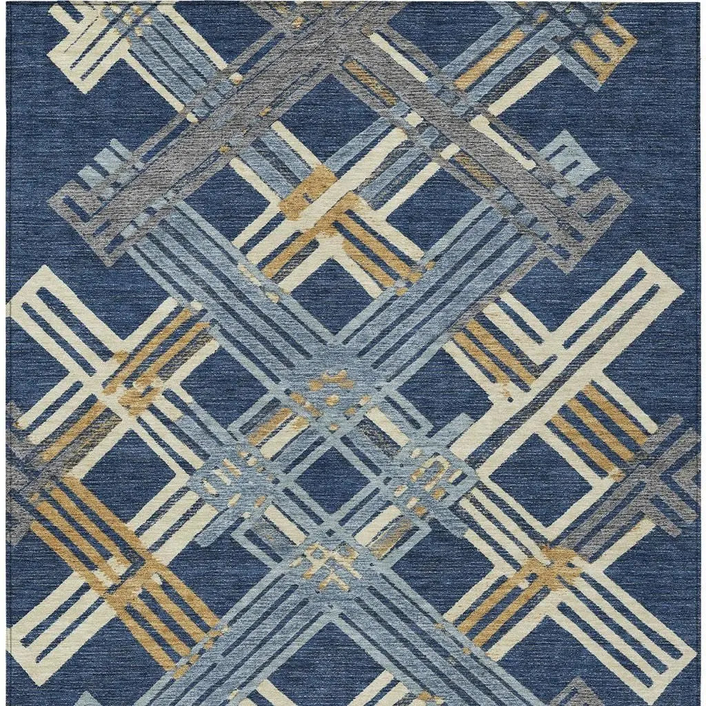 3' X 5' Navy Blue And Denim Blue Geometric Washable Indoor Outdoor Area Rug Homeroots Outdoor