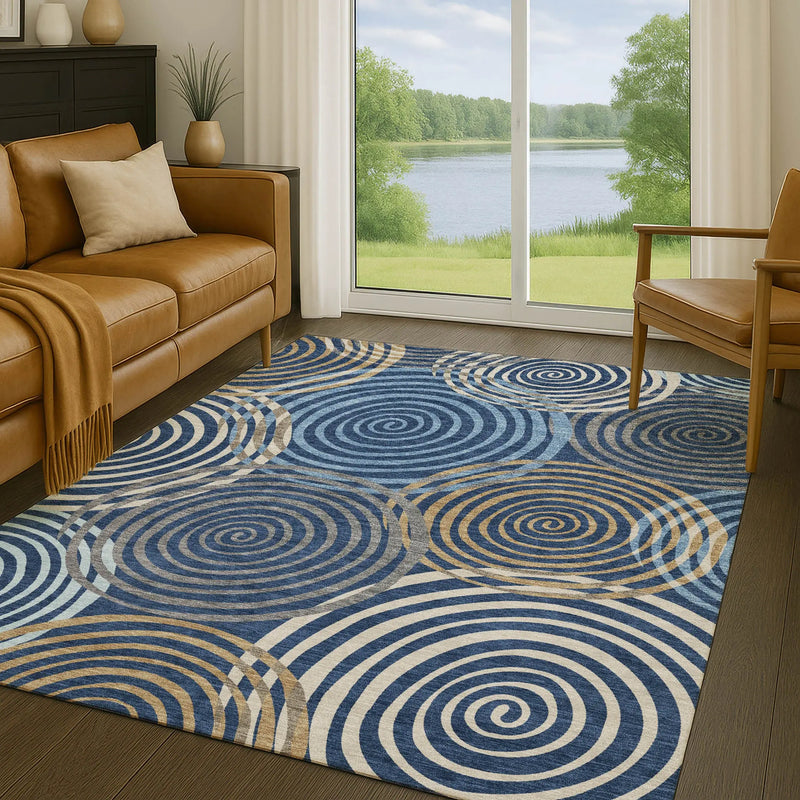 3' X 5' Navy Blue And Denim Blue Geometric Washable Indoor Outdoor Area Rug Homeroots Outdoor