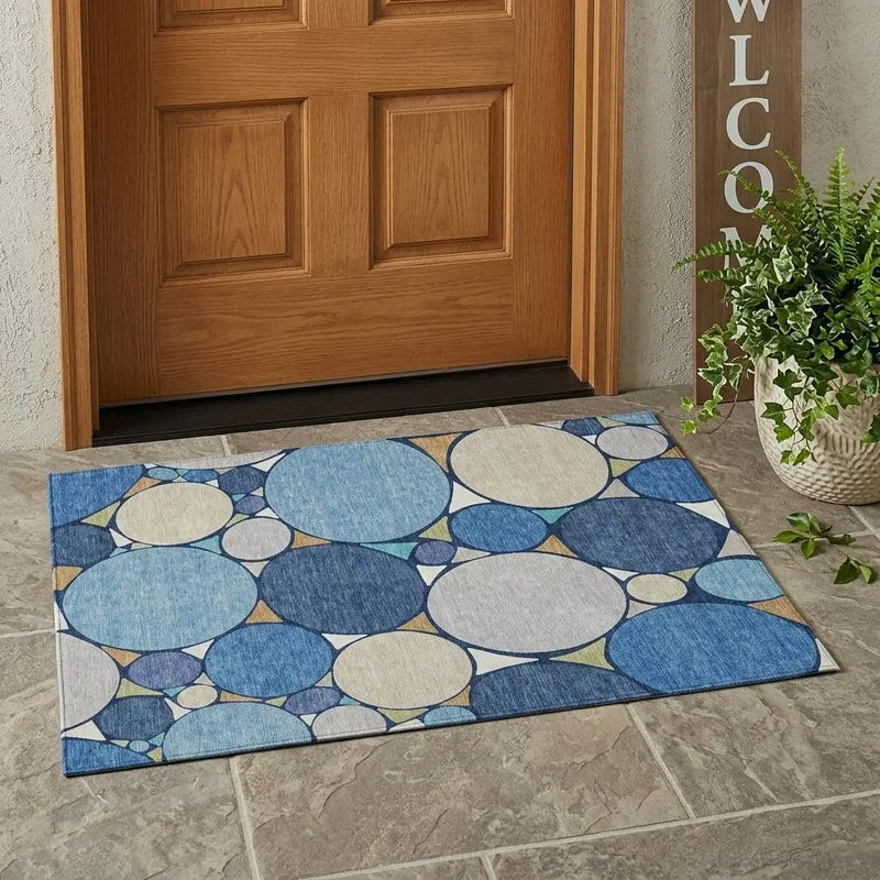 3' X 5' Navy Blue And Denim Blue Geometric Washable Indoor Outdoor Area Rug Homeroots Outdoor