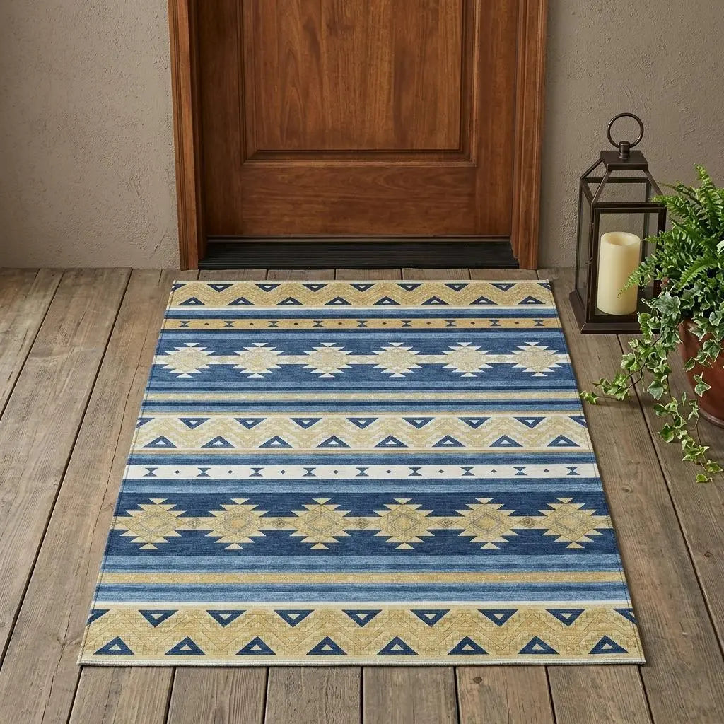 3' X 5' Navy Blue And Denim Blue Southwestern Washable Indoor Outdoor Area Rug Homeroots Outdoor