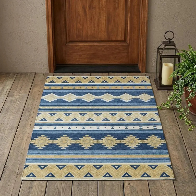 3' X 5' Navy Blue And Denim Blue Southwestern Washable Indoor Outdoor Area Rug Homeroots Outdoor