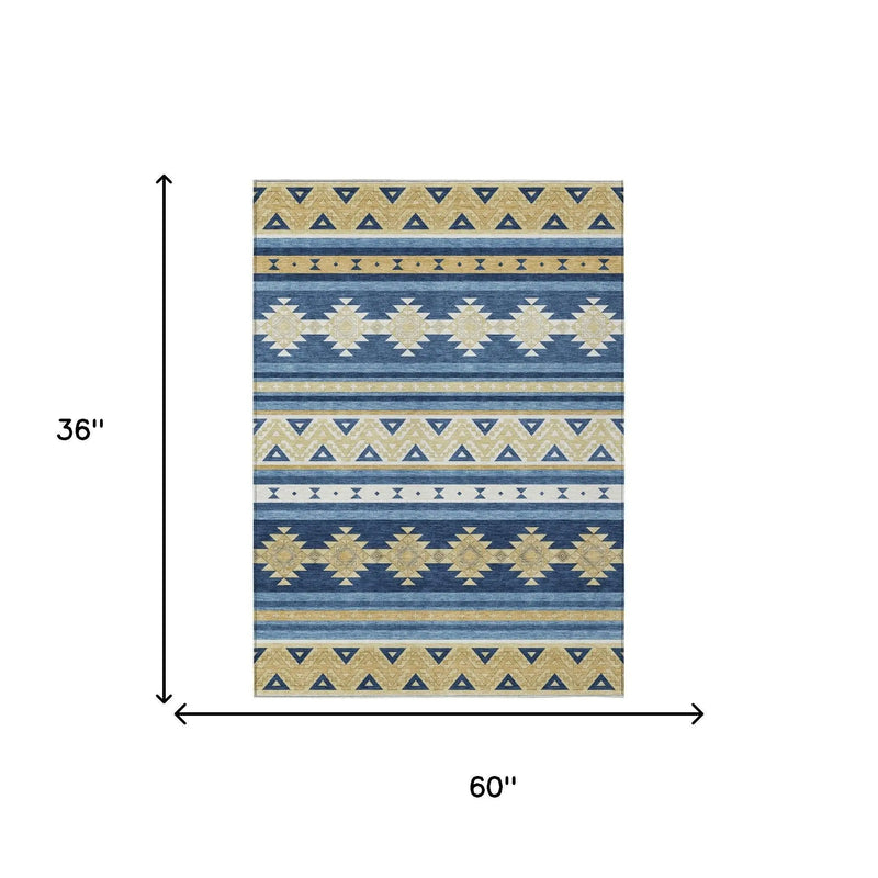 3' X 5' Navy Blue And Denim Blue Southwestern Washable Indoor Outdoor Area Rug Homeroots Outdoor