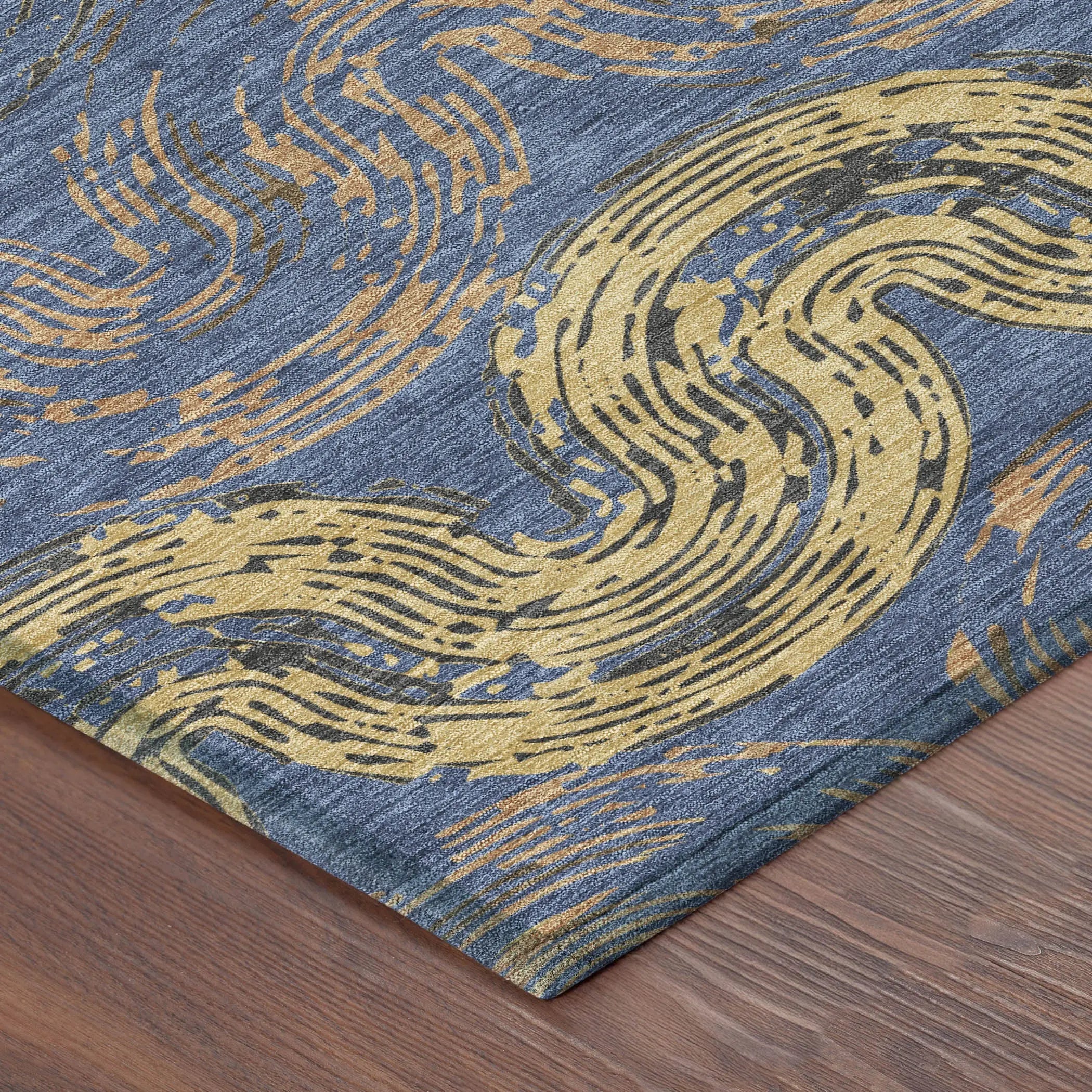 3' X 5' Navy Blue And Gold Abstract Washable Indoor Outdoor Area Rug Homeroots Outdoor