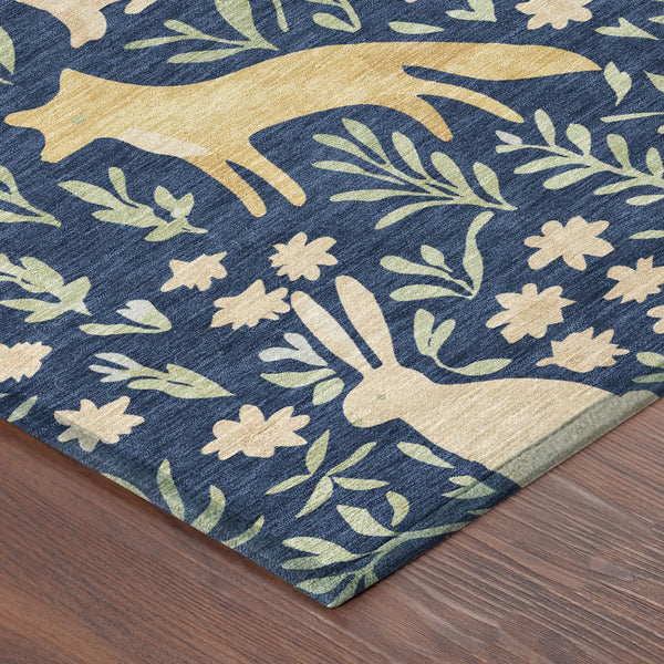 3' X 5' Navy Blue And Gold Botanical Leaves Washable Indoor Outdoor Area Rug Homeroots Outdoor
