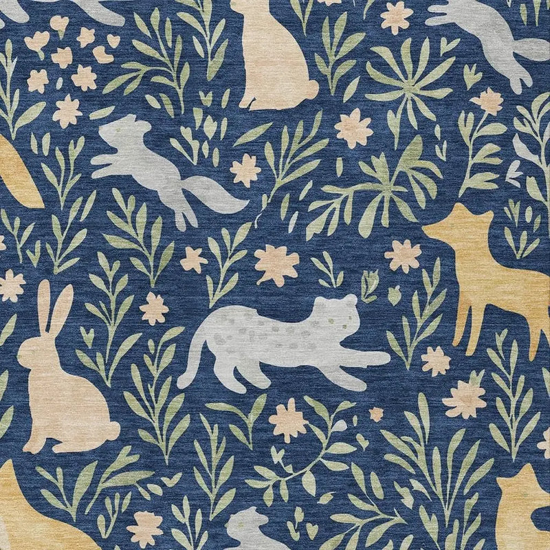 3' X 5' Navy Blue And Gold Botanical Leaves Washable Indoor Outdoor Area Rug Homeroots Outdoor