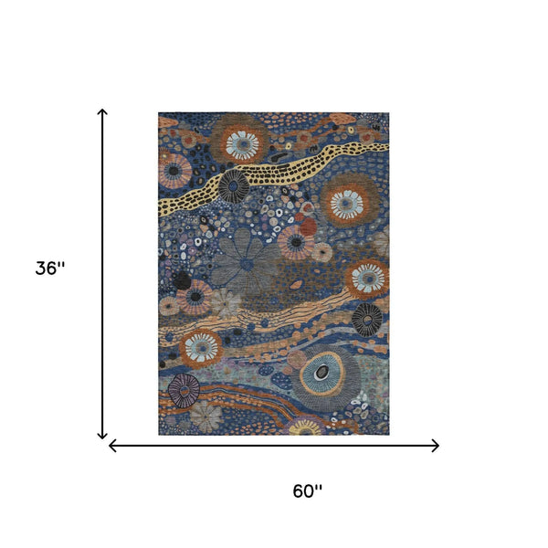 3' X 5' Navy Blue And Gold Floral Washable Indoor Outdoor Area Rug Homeroots Outdoor